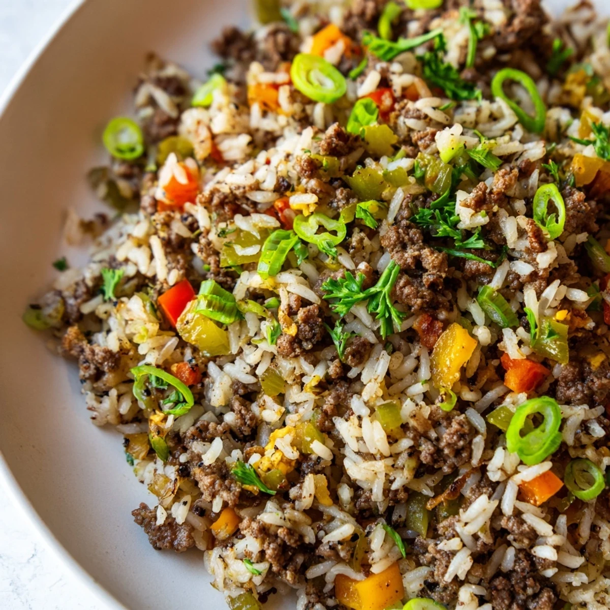 A serving of Cajun Dirty Rice with Ground Beef and Peppers, garnished with fresh parsley and green onions, steaming in a rustic bowl.