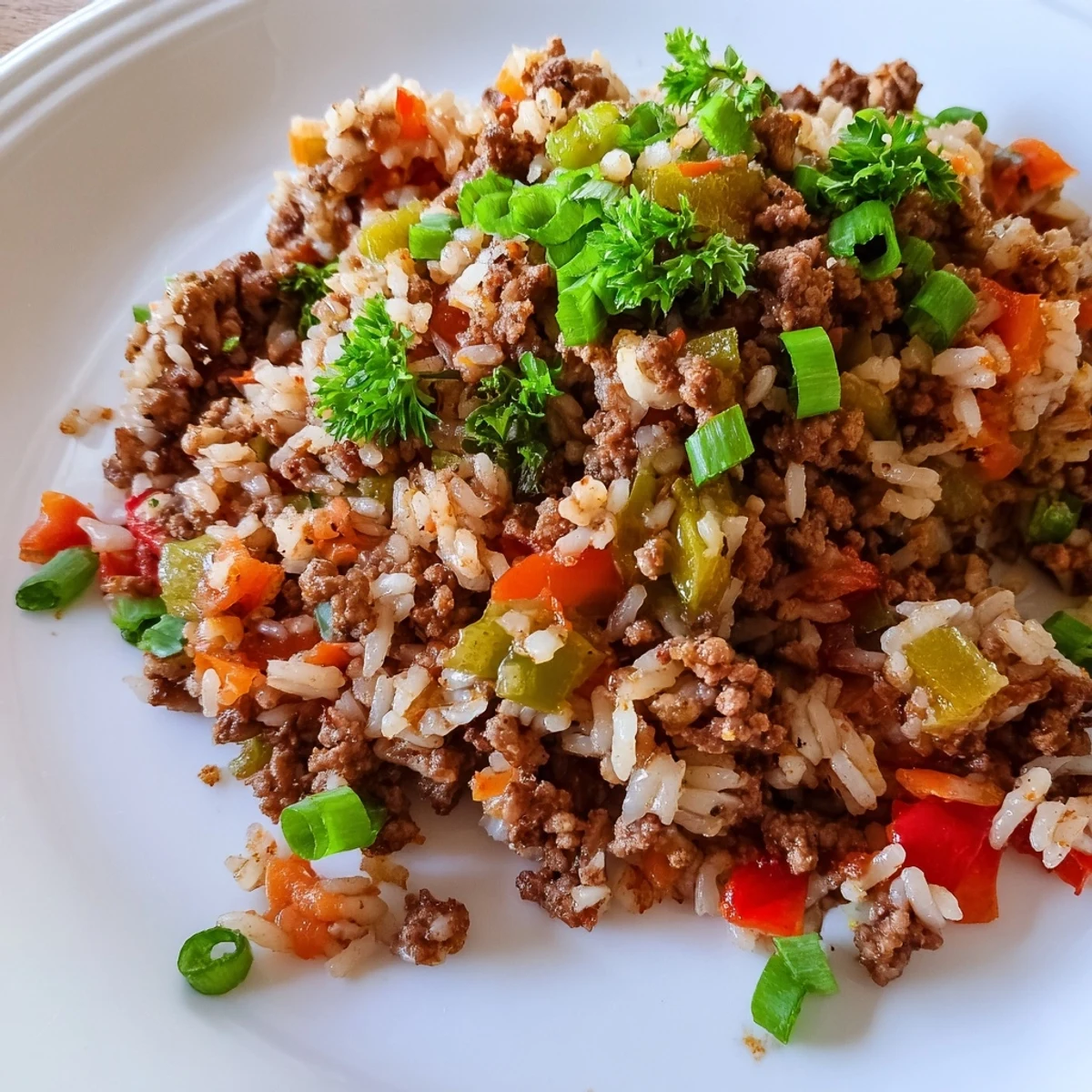 Close-up view of Cajun Dirty Rice with Ground Beef and Peppers, highlighting the fluffy rice, sautéed vegetables, and savory meat texture.