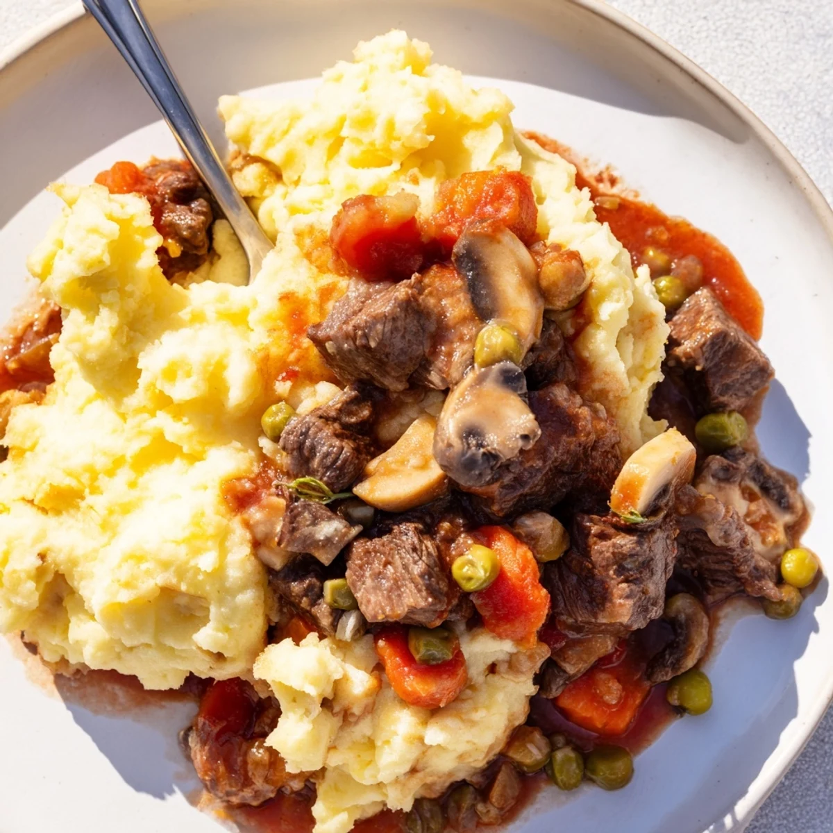 A close-up of Shepherd's Pie with braised lamb and vegetables, featuring a golden, buttery mashed potato topping with fork marks.  