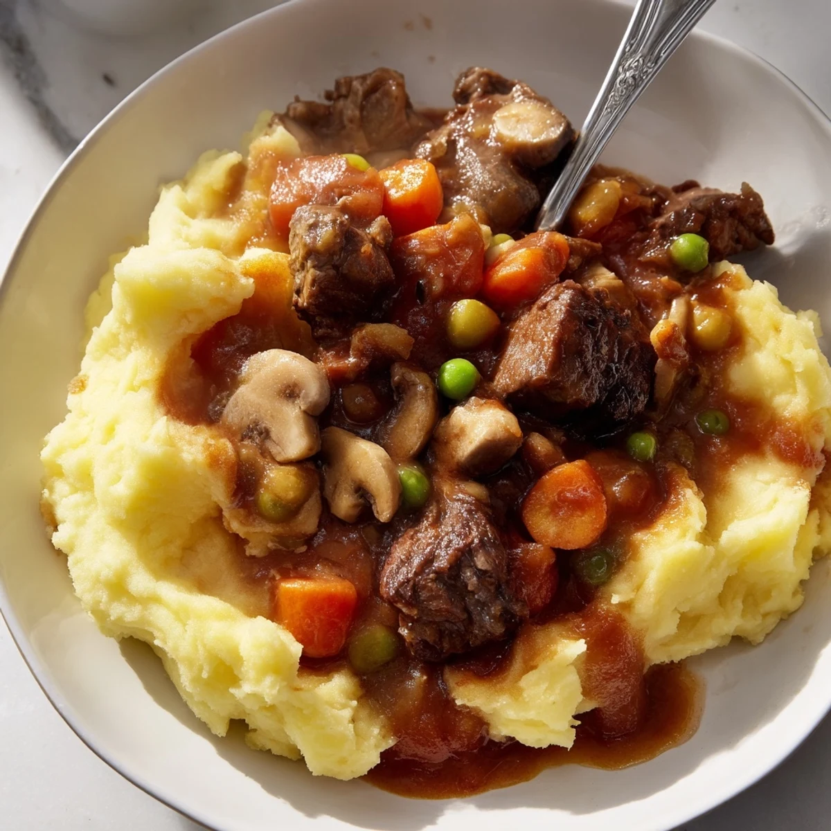 A rustic Shepherd's Pie casserole with tender lamb, peas, carrots, and a baked, bubbly filling in a baking dish.  