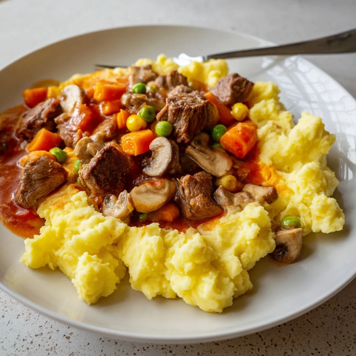 A golden-brown Shepherd's Pie topped with creamy mashed potatoes, served in a white dish beside a red wine glass.