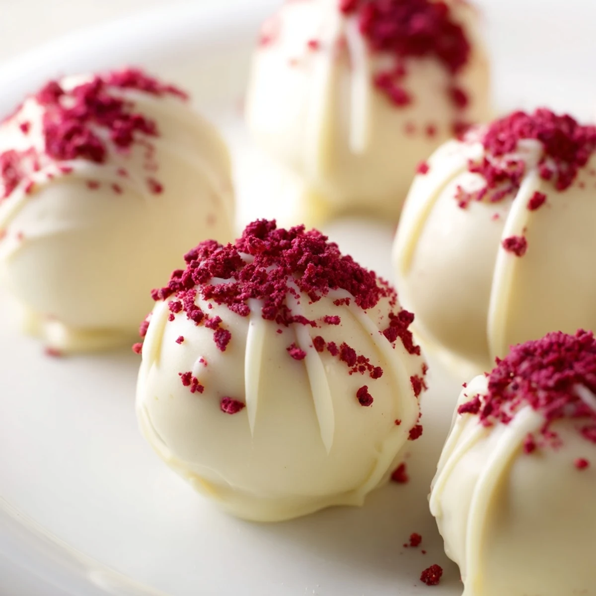 Decadent homemade White Chocolate Raspberry Truffles, dusted with raspberry powder and ready for gifting in elegant dessert boxes.  