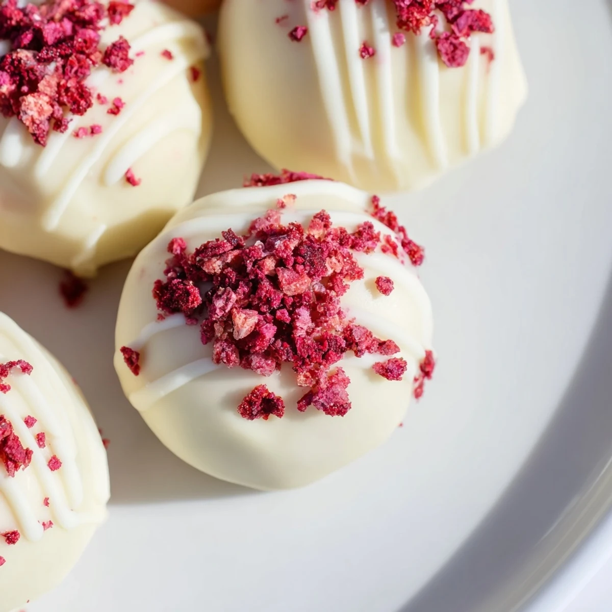 Creamy white chocolate raspberry truffles, adorned with crushed freeze-dried raspberries, displayed on a dark parchment-lined baking sheet.  