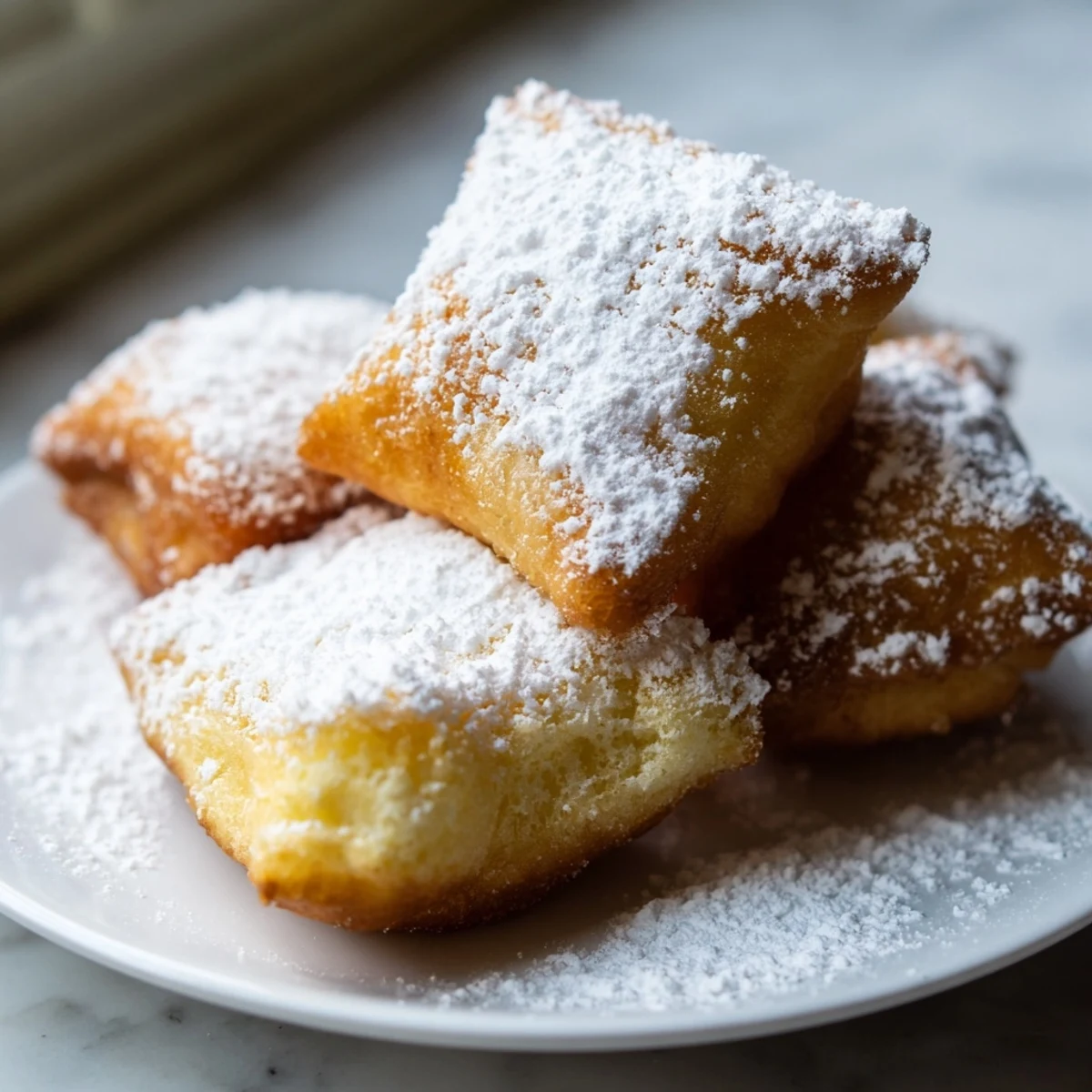 Golden-brown, pillowy New Orleans Style Beignets are dusted with snowy powdered sugar on a rustic plate.