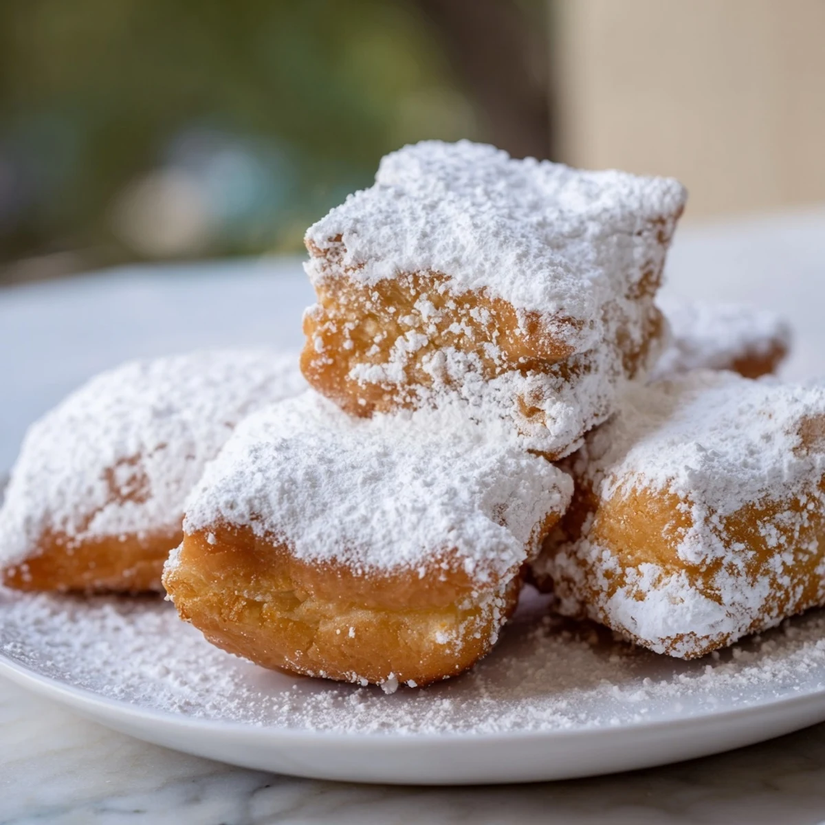 Freshly fried New Orleans Style Beignets puff up next to a hot cup of chicory coffee.