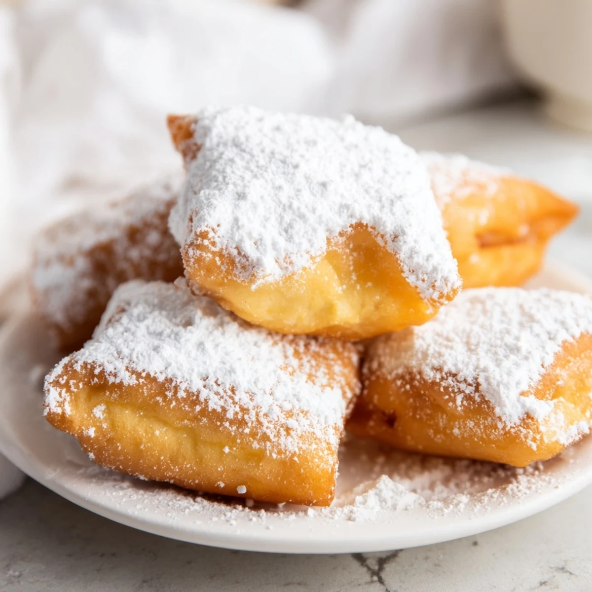 Warm, sweet New Orleans Style Beignets are ready to serve from a wire cooling rack.
