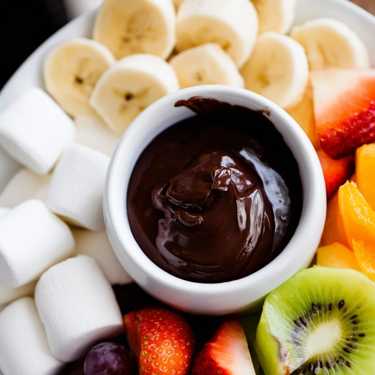 Melting Romantic Chocolate Fondue with marshmallows and strawberries in a fondue pot, steam rising.