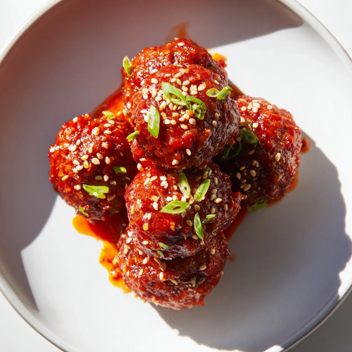 Oven-baked Spicy Sriracha Beef Meatballs glisten with a sticky honey glaze and toasted sesame seeds, piled high on a white plate for easy serving.