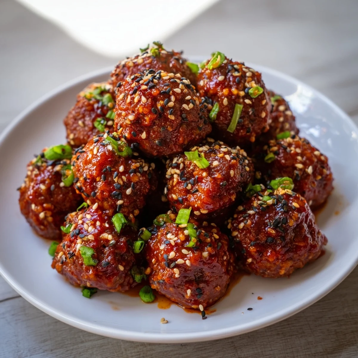 Twenty juicy, golden-brown Spicy Sriracha Beef Meatballs are garnished with fresh scallions and paired with chopsticks for an Asian-inspired weeknight dinner.