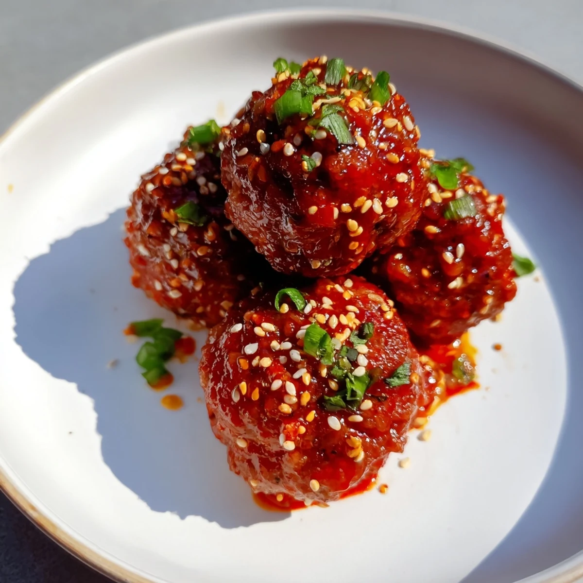 Glazed Spicy Sriracha Beef Meatballs are arranged over steamed jasmine rice, offering a perfect, dairy-free appetizer or main dish for family-style meals.