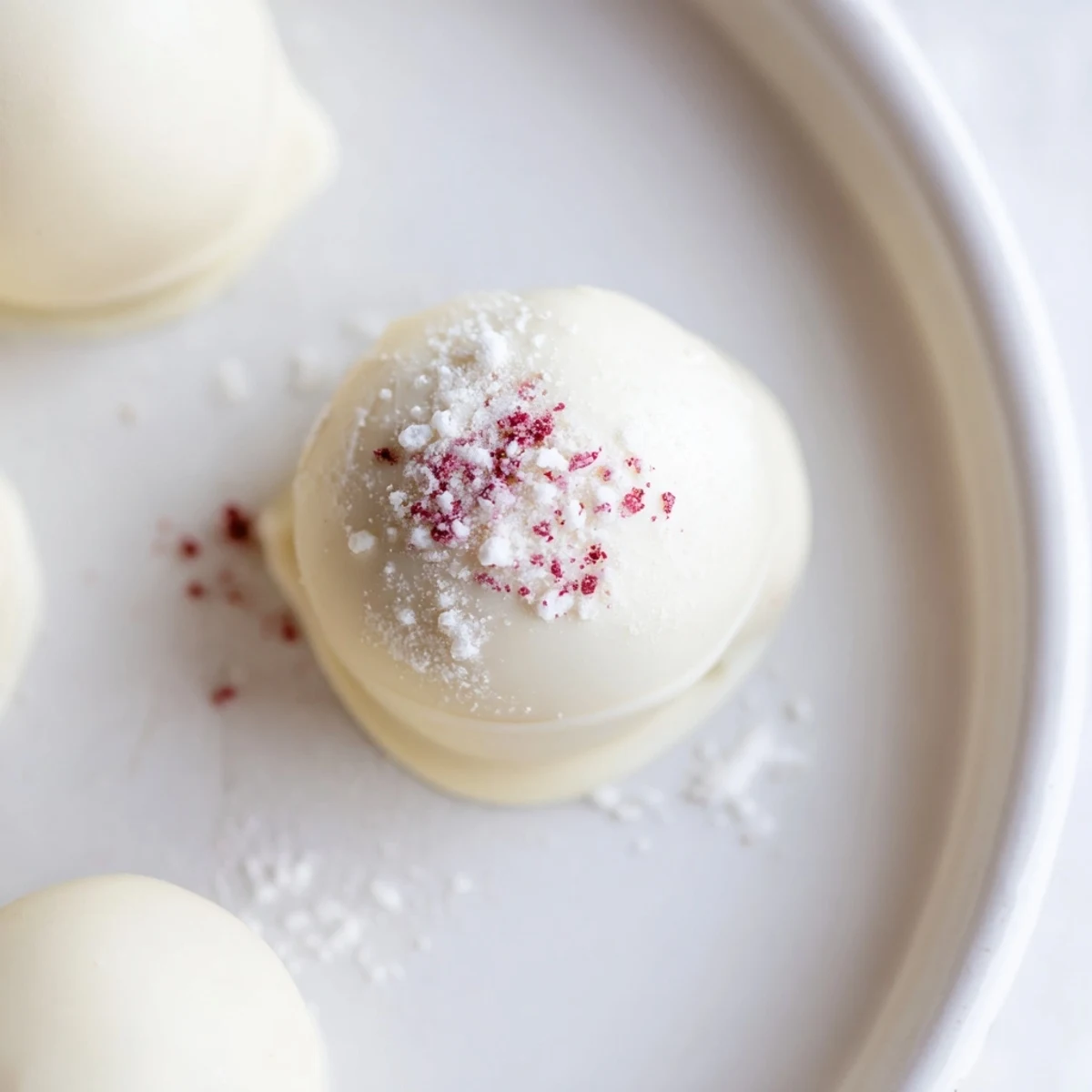 White Chocolate Raspberry Truffles with a delicate powdered sugar dusting arranged on a dark slate surface.