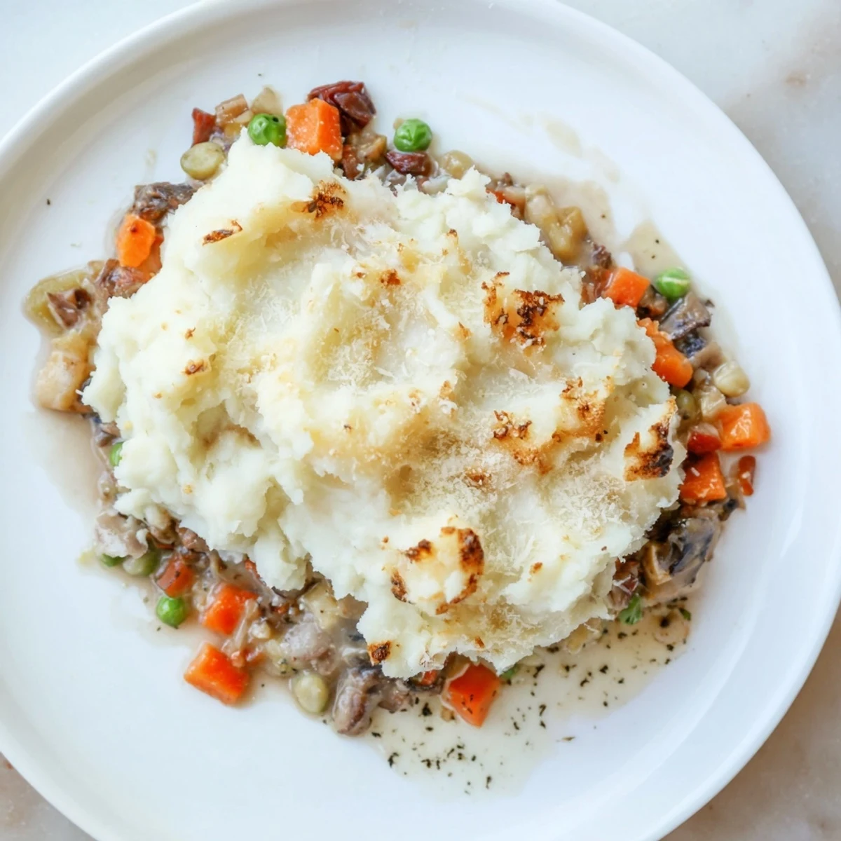 Freshly baked Shepherd's Pie with braised lamb and golden, fork-marked mashed potato peaks.