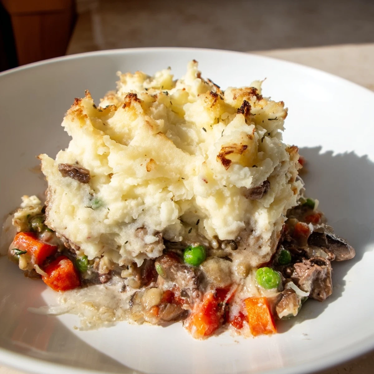 Golden-brown Shepherd's Pie, serving with a hearty green salad and a glass of red wine.