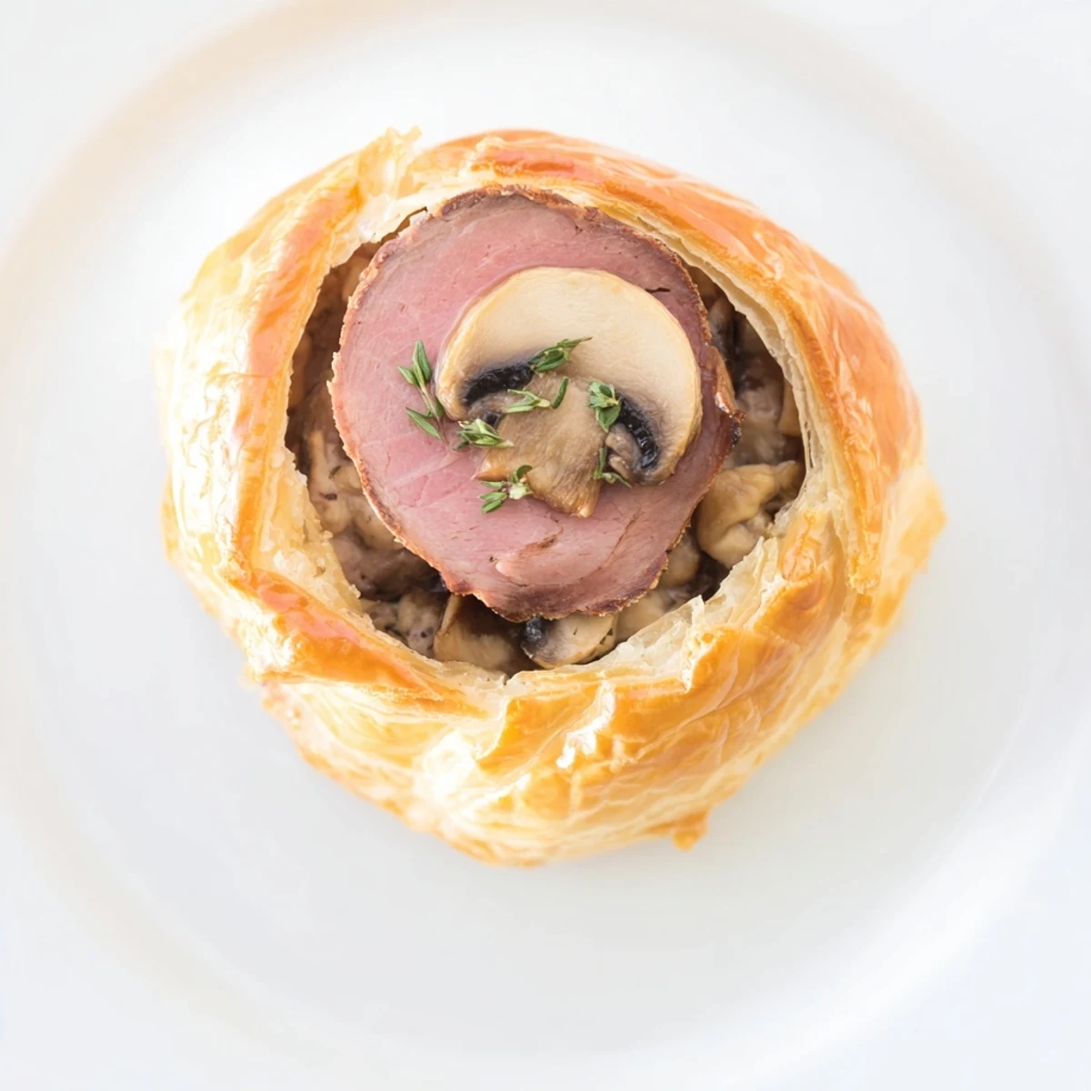 Golden puff pastry-wrapped Mini Beef Wellingtons with mushroom duxelles on a rustic wooden board.