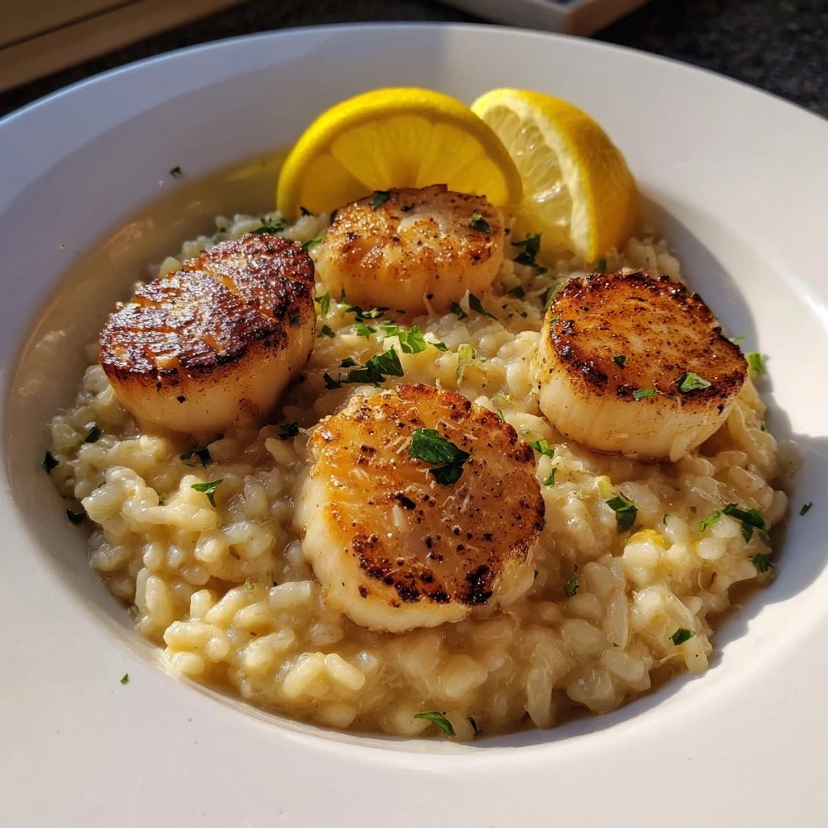 Golden-brown Pan Seared Scallops with Lemon Butter Risotto served with fresh chives and lemon wedges on a white plate.
