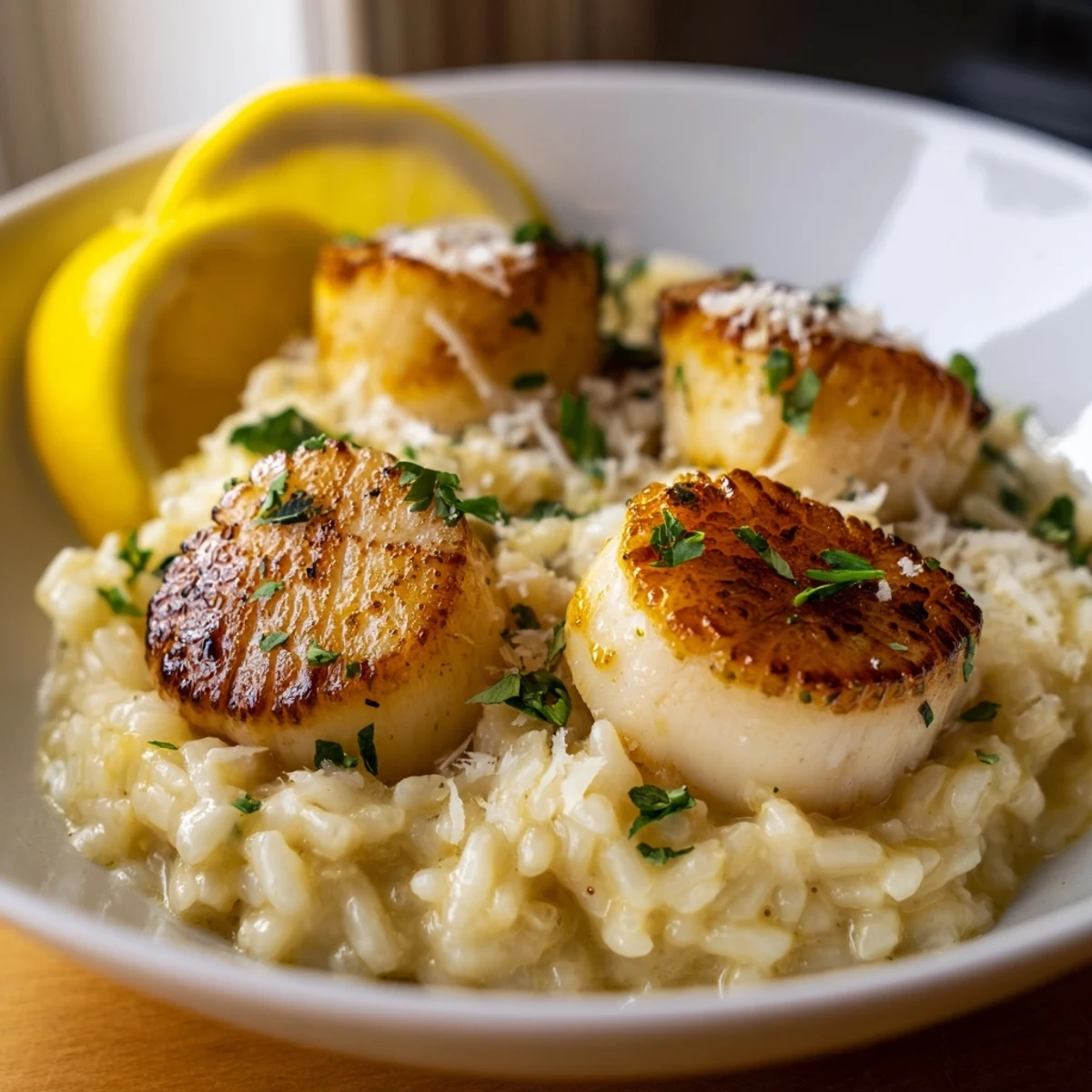Pan Seared Scallops with Lemon Butter Risotto plated with bright lemon zest and parsley garnish for a gourmet dinner.