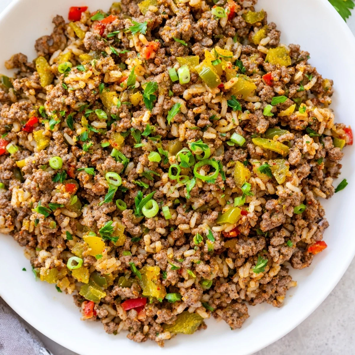Cajun Dirty Rice with Ground Beef and Peppers simmering in a skillet, aromatic steam rising from fluffy, spice-infused grains.