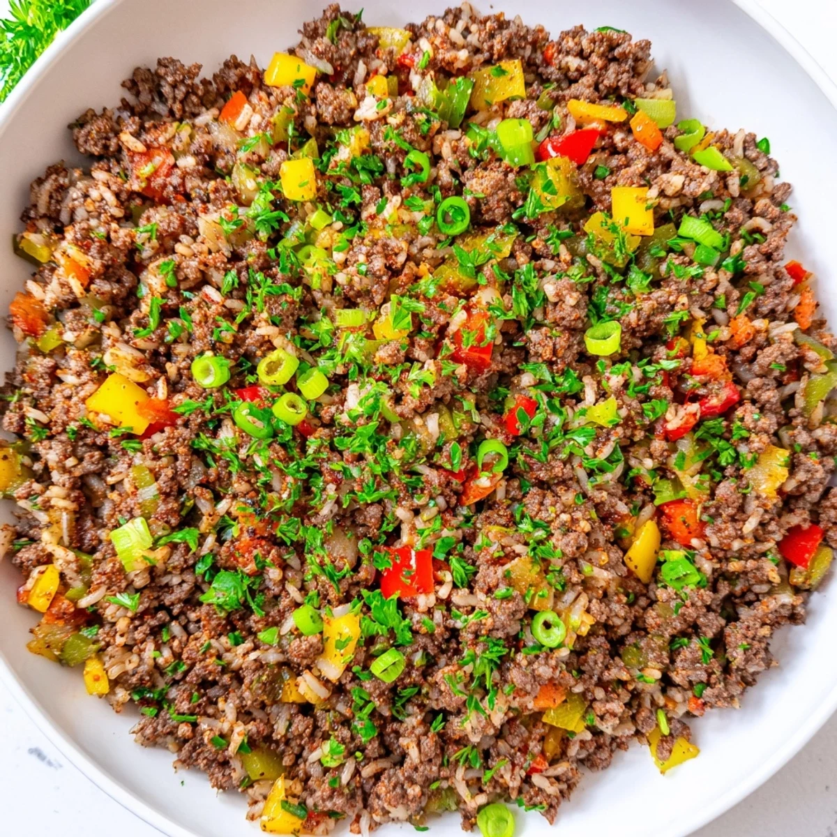 Skillet of Cajun Dirty Rice with Ground Beef and Peppers, a hearty Southern main dish ready for a family dinner.