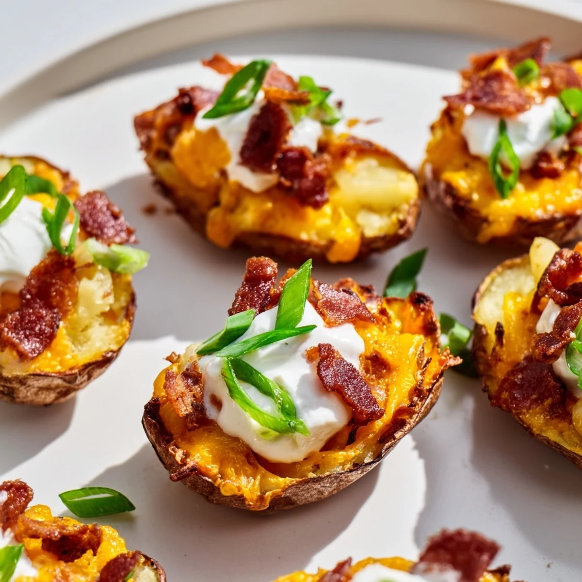 Golden Loaded Potato Skins with Cheddar and Beef Bacon topped with sour cream and chives on a rustic platter.