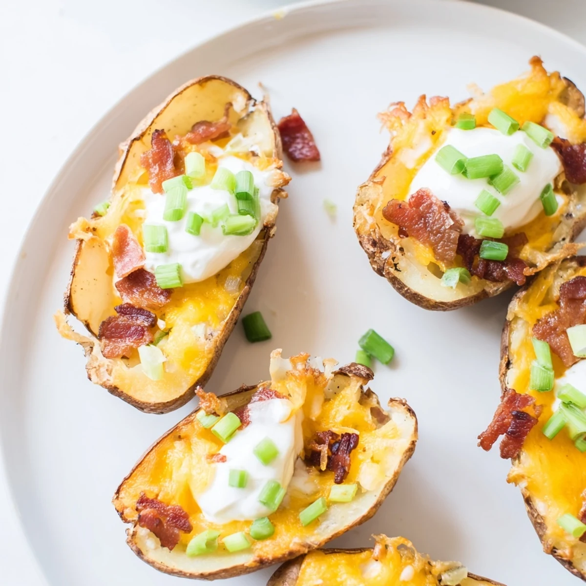 Melted cheddar and crispy beef bacon spill from Loaded Potato Skins with Cheddar and Beef Bacon on a dark slate tray.