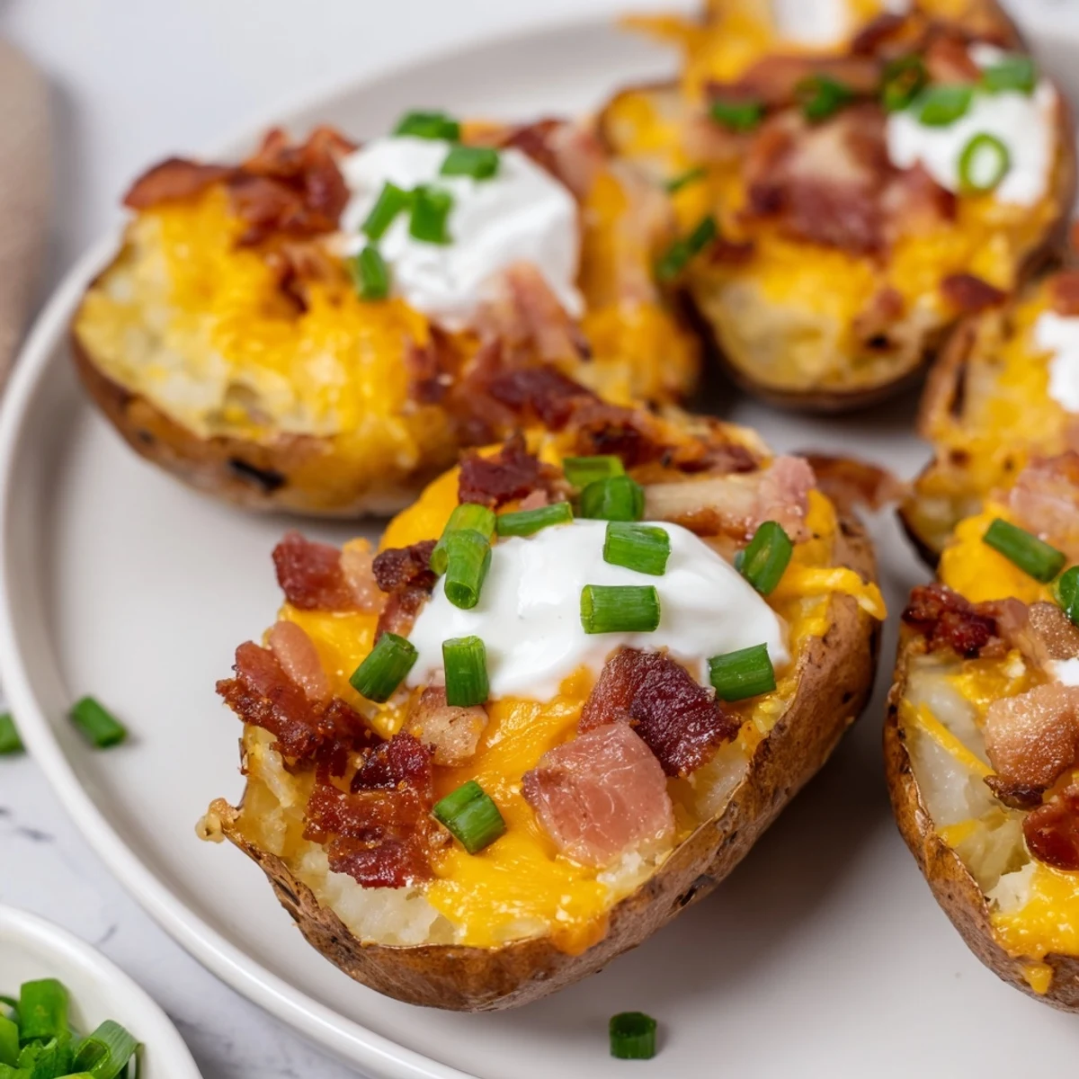 Bite-sized Loaded Potato Skins with Cheddar and Beef Bacon served hot with green onions and sour cream for dipping.
