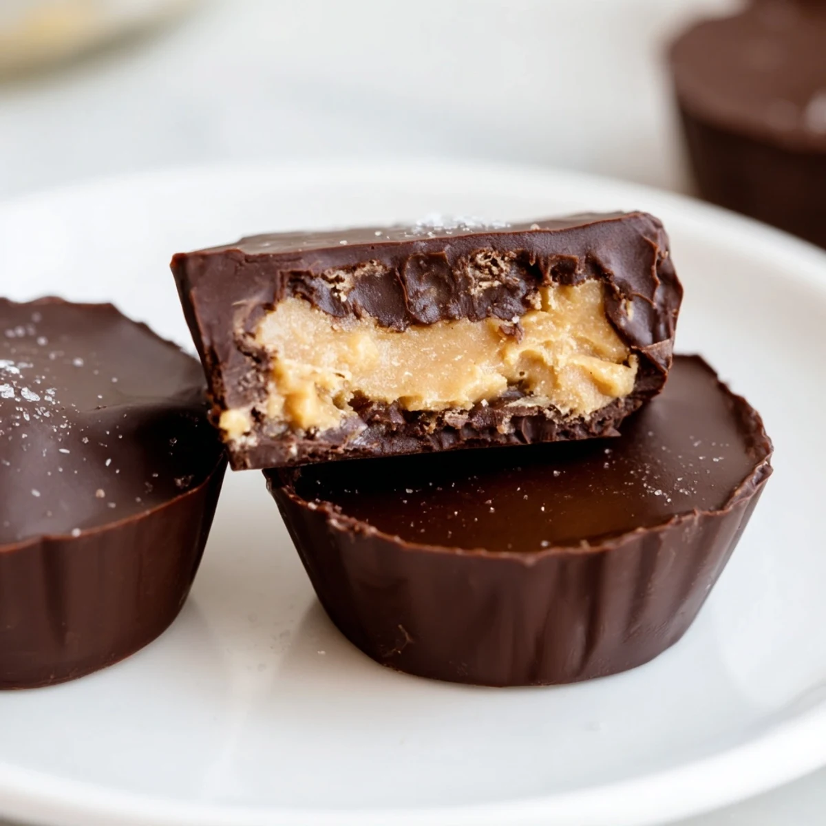 A close-up of homemade chocolate peanut butter cups, revealing smooth chocolate shells and creamy peanut butter filling on a rustic wooden table.