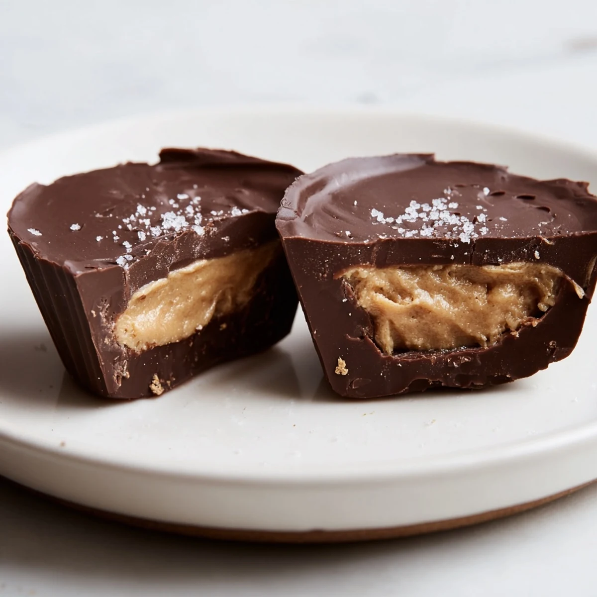 Four homemade chocolate peanut butter cups sit on parchment paper, with a dusting of flaky sea salt adding a gourmet finish.