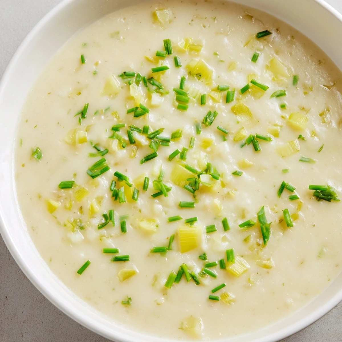 Creamy potato and leek soup steaming in a rustic bowl, garnished with fresh chives and a swirl of cream for a cozy winter meal.  