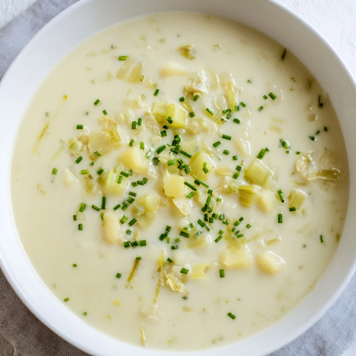 A spoon dipping into velvety creamy potato and leek soup, served alongside crusty artisan bread on a wooden table.  