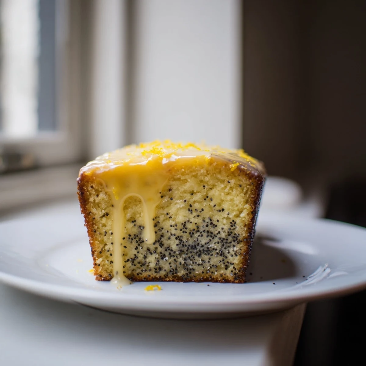 A freshly glazed Lemon Poppy Seed Loaf sits on a rustic wooden board, showing moist interior and zesty lemon drizzle.