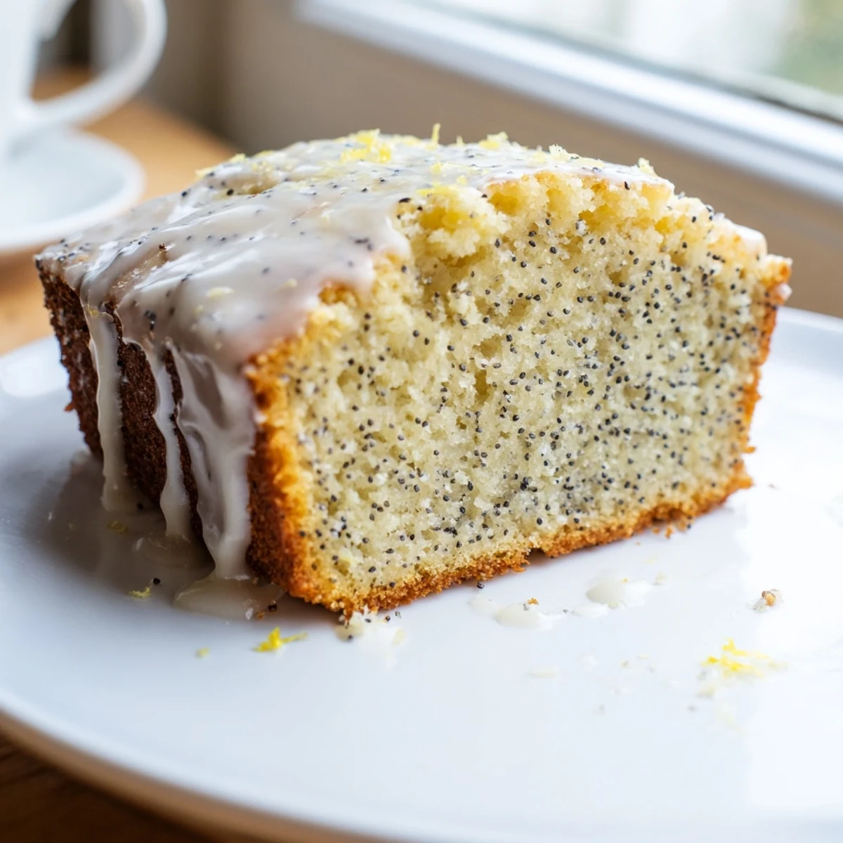 Close-up of the golden-brown Lemon Poppy Seed Loaf with glistening glaze, ready for breakfast or an afternoon snack.
