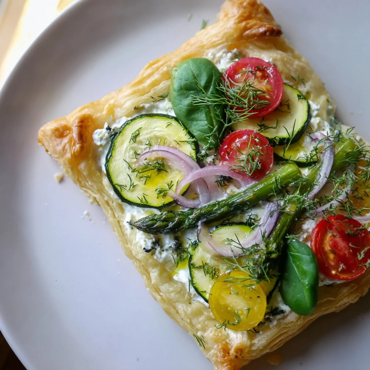 A close-up of the golden, flaky Spring Vegetable Tart with Puff Pastry, topped with vibrant asparagus, cherry tomatoes, and crumbled goat cheese.