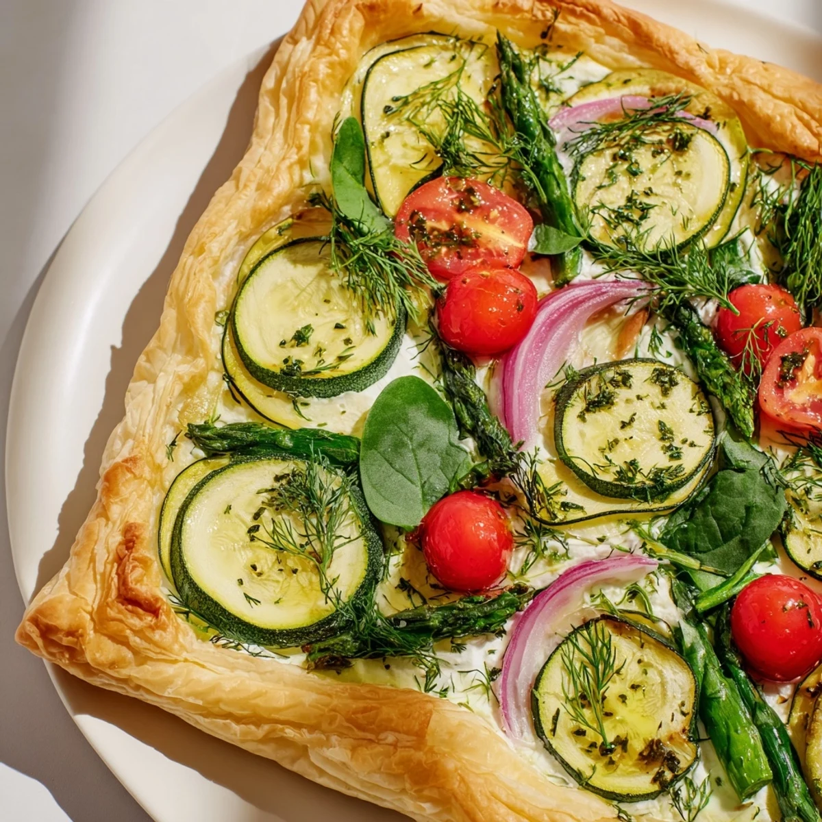 A slice of Spring Vegetable Tart with Puff Pastry is lifted, revealing layers of creamy filling and tender spring vegetables inside.