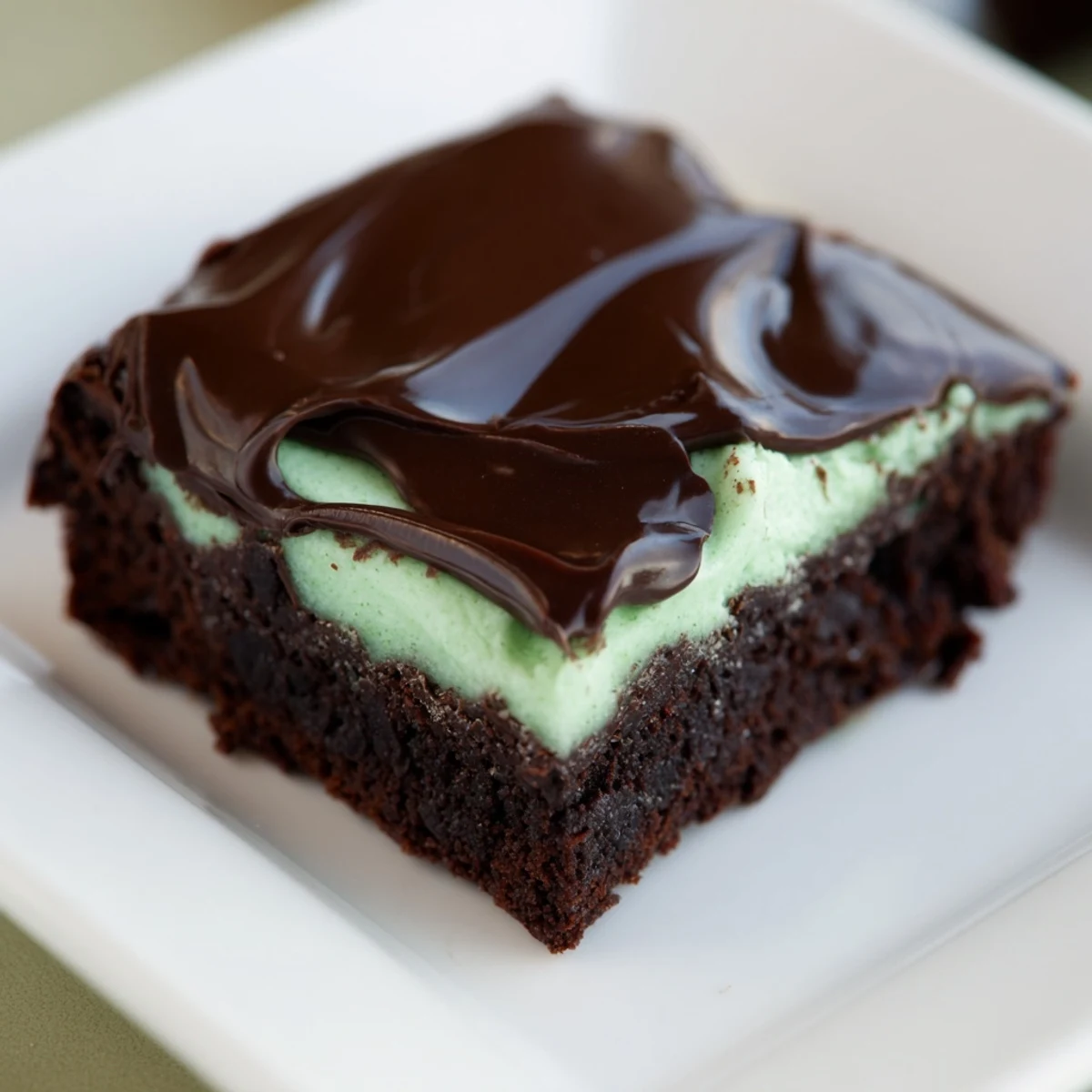 A slice of homemade Green Mint Brownies reveals a fudgy, dark chocolate base topped with a creamy pastel mint layer and glossy glaze.  