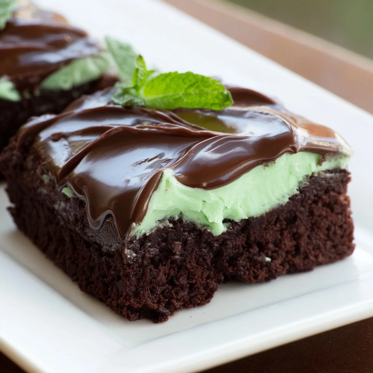 Served on a white plate, these Green Mint Brownies feature a decadent chocolate glaze and refreshing mint cream swirl.