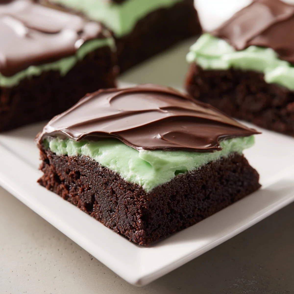 Close-up of Green Mint Brownies on a marble countertop, showcasing the rich chocolate crumb and smooth, vibrant mint filling.  