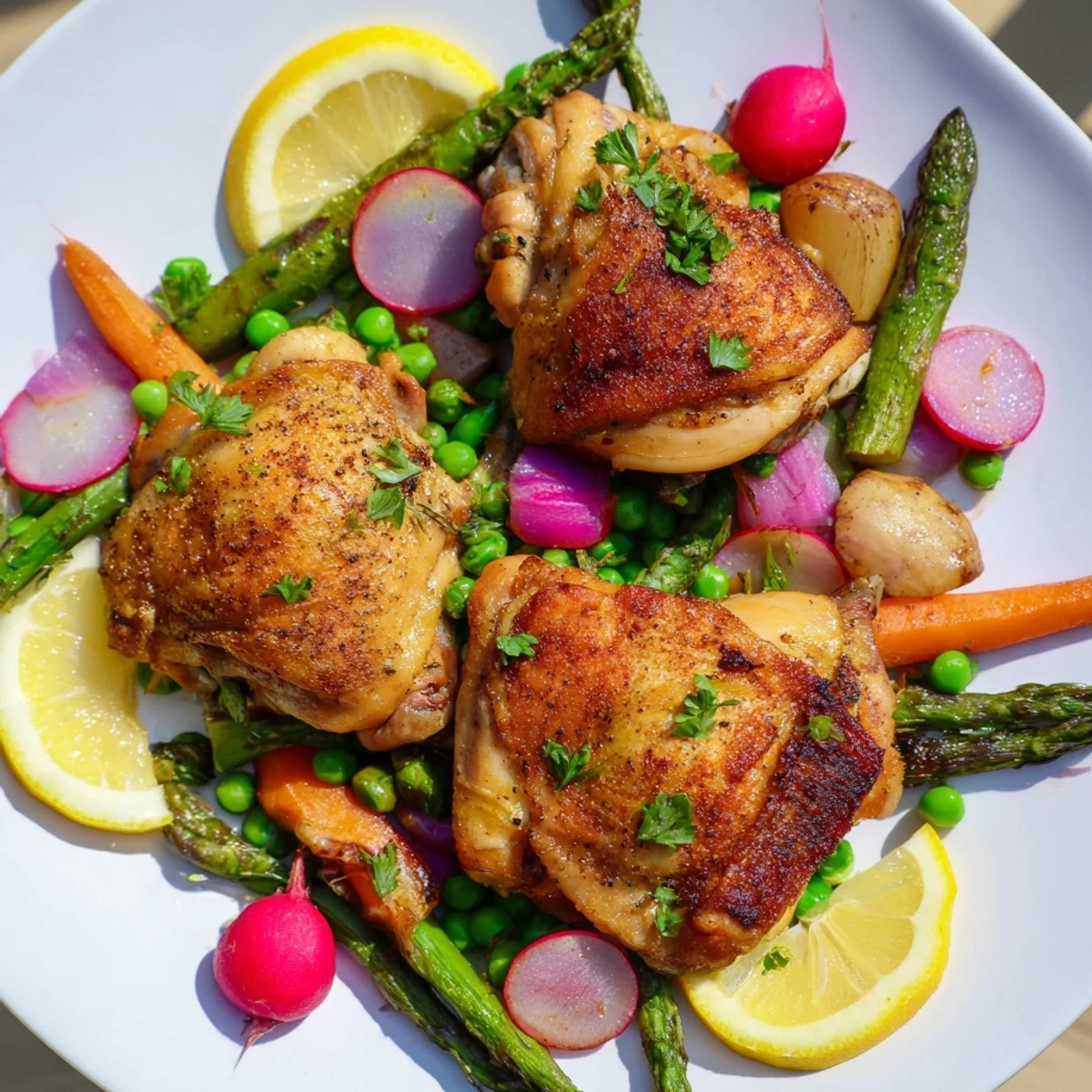 Golden roasted chicken thighs with crispy skin rest beside vibrant spring vegetables like asparagus, peas, and radishes on a baking sheet.  