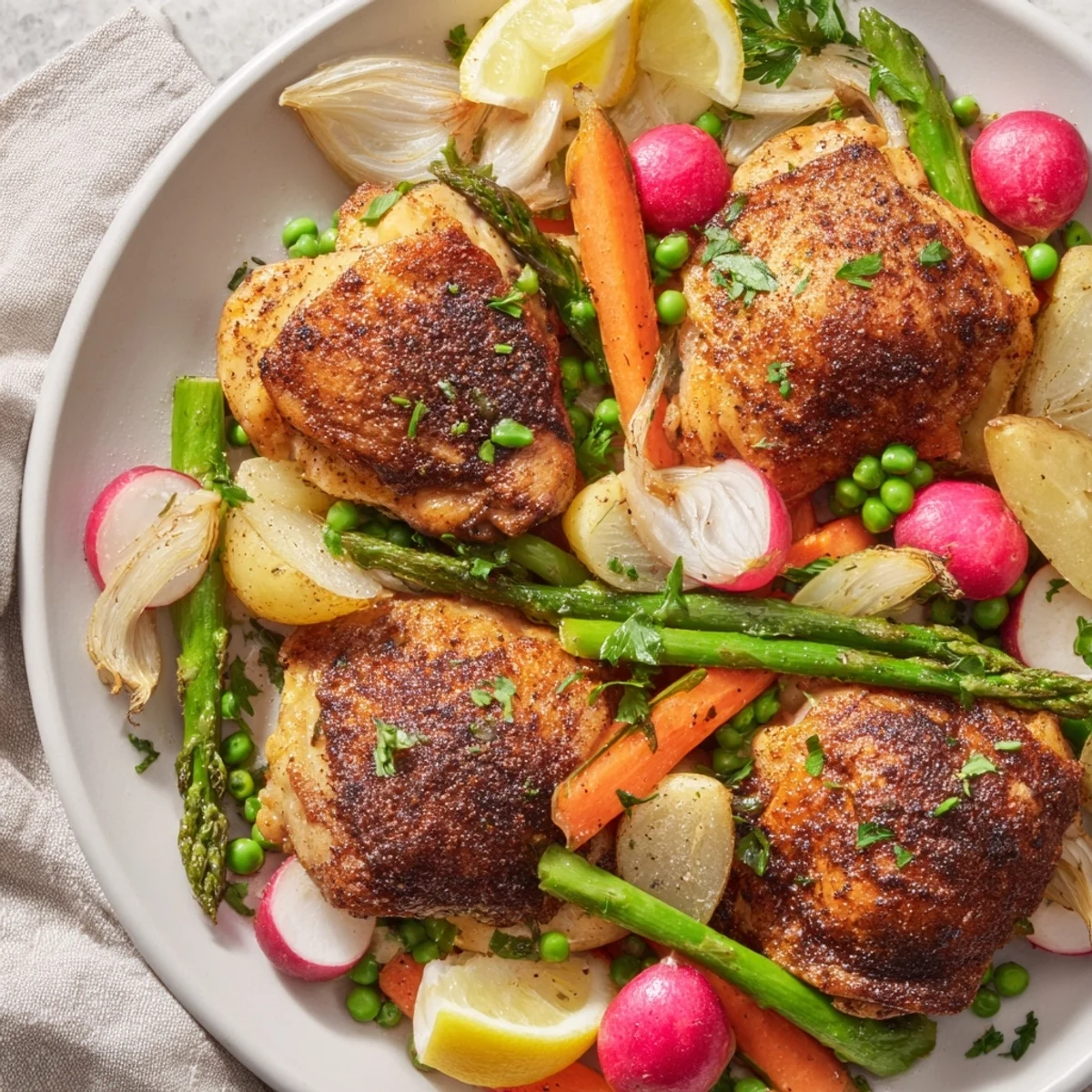 Savory Roasted Chicken with Spring Veggies served fresh from the oven, garnished with parsley and paired with a glass of white wine.