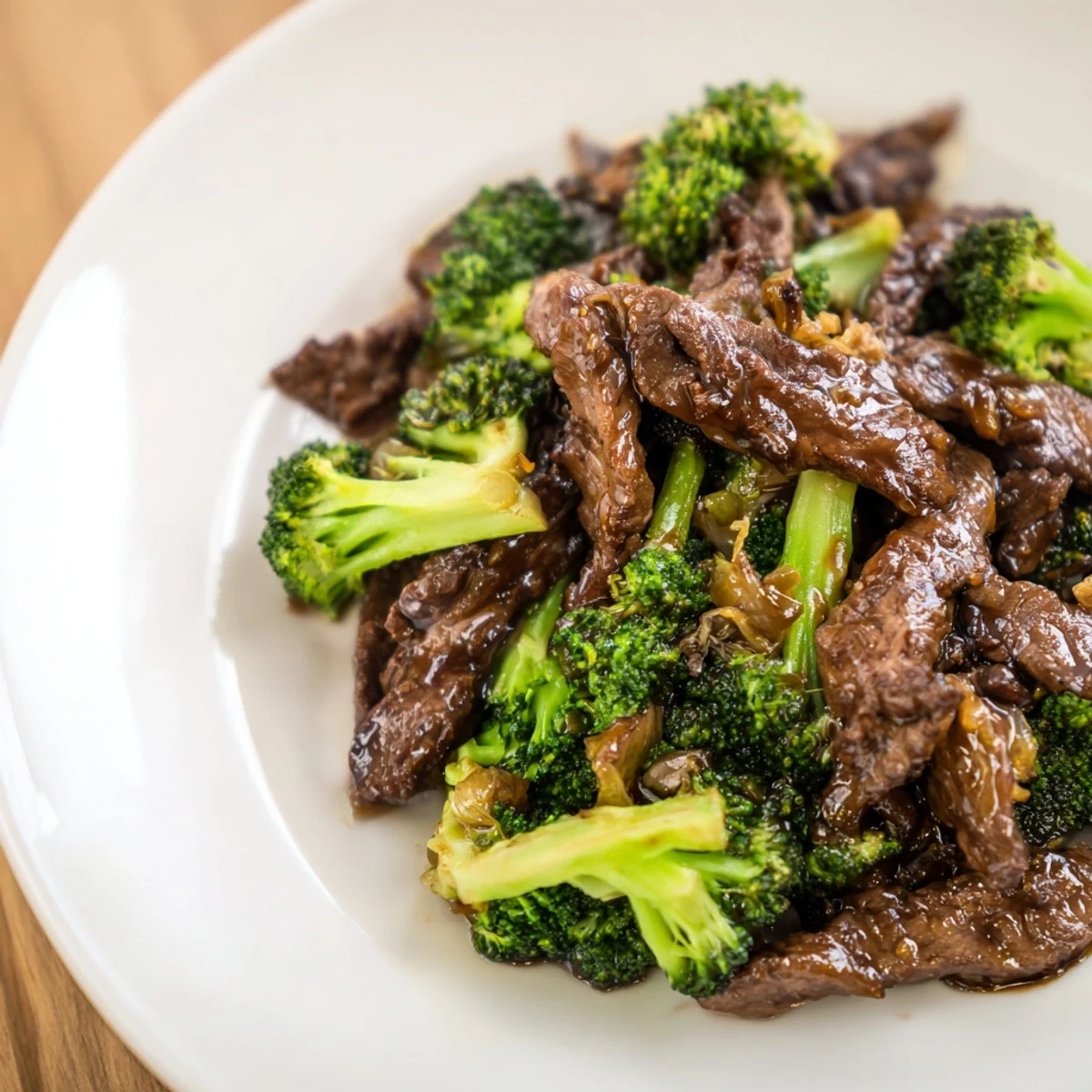 Steaming beef and broccoli stir-fry with glossy soy sauce glaze over fluffy white rice.  