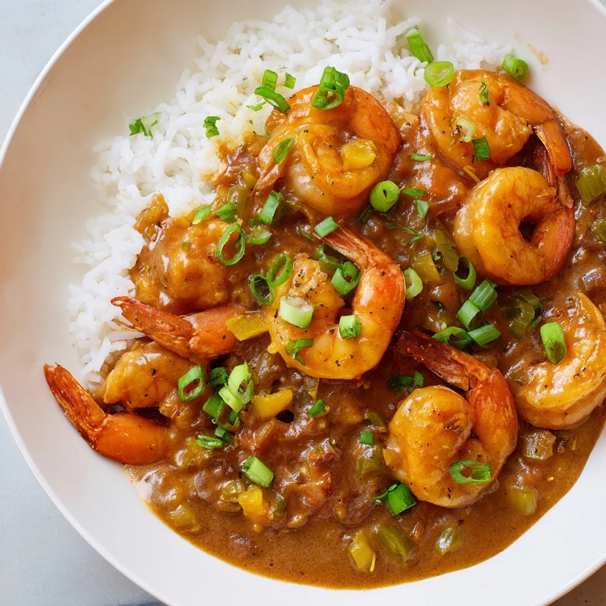 A vibrant bowl of Mardi Gras Shrimp Étouffée served over fluffy white rice, garnished with fresh green onions and parsley.