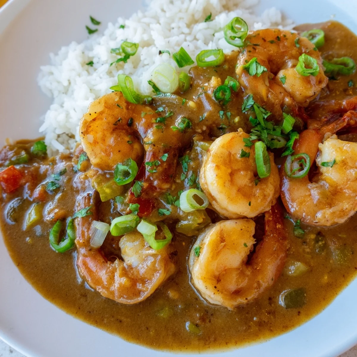 Hearty Mardi Gras Shrimp Étouffée is spooned over white rice, with lemon wedges and fresh herbs for a festive finish.