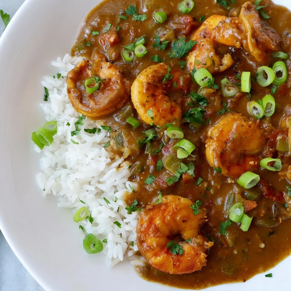 Steam rises from this rich Mardi Gras Shrimp Étouffée, featuring tender pink shrimp in a spiced roux with the holy trinity.