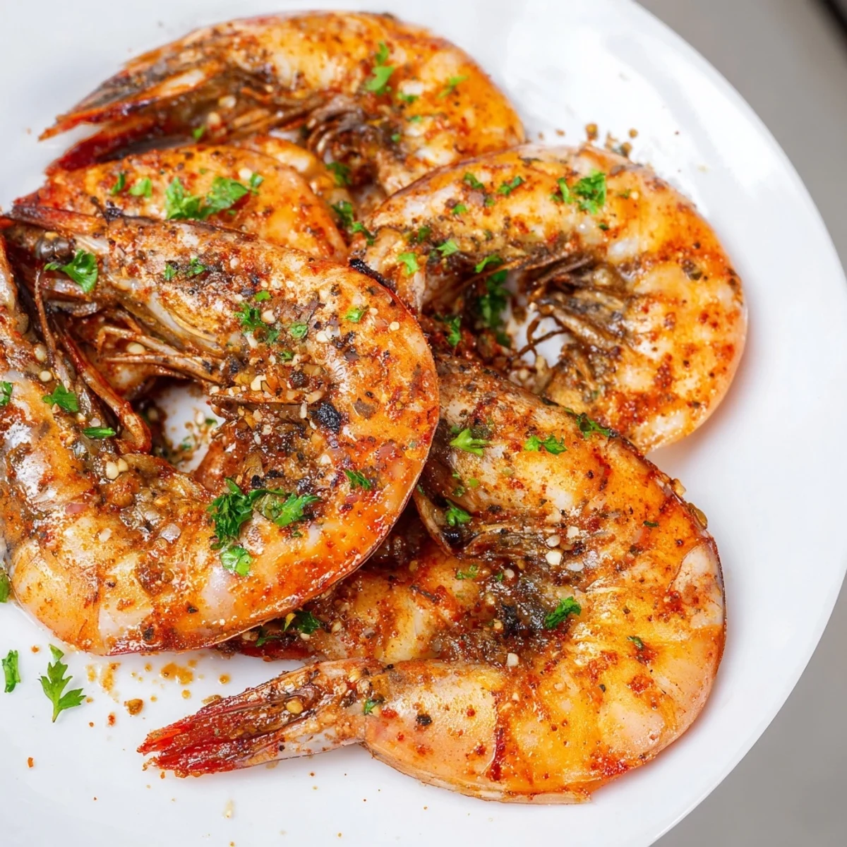 Cajun Spiced Grilled Shrimp sizzling on the grill with smoky char marks, served on a platter with fresh parsley and lemon wedges.
