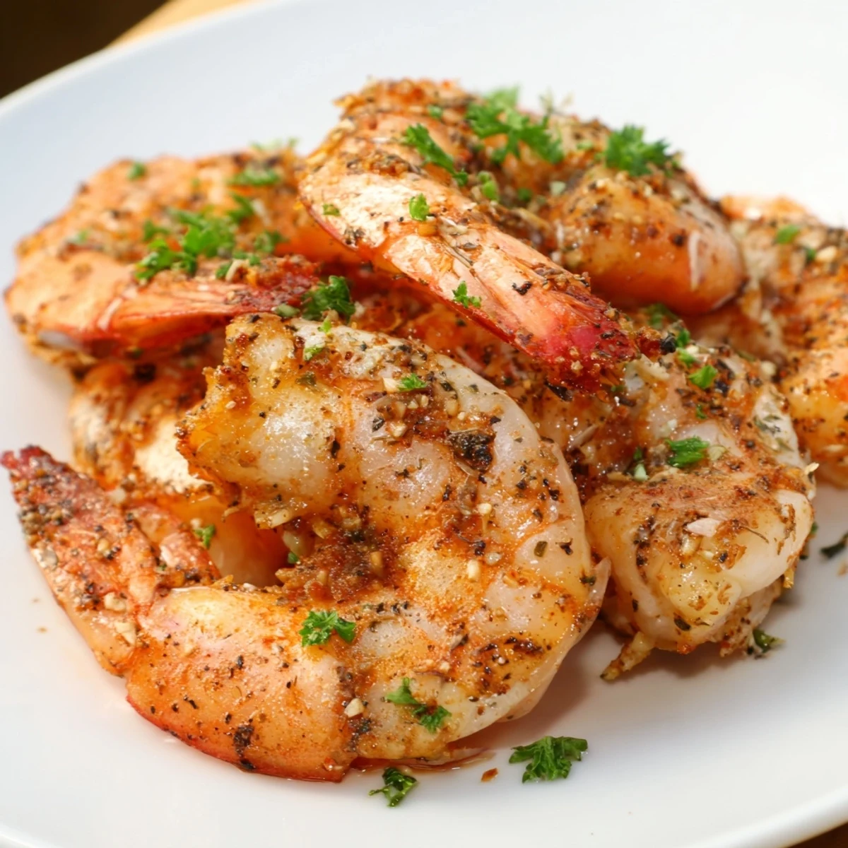 Platter of golden-brown Cajun Spiced Grilled Shrimp garnished with fresh parsley, highlighting the bold spice crust and tender interior.