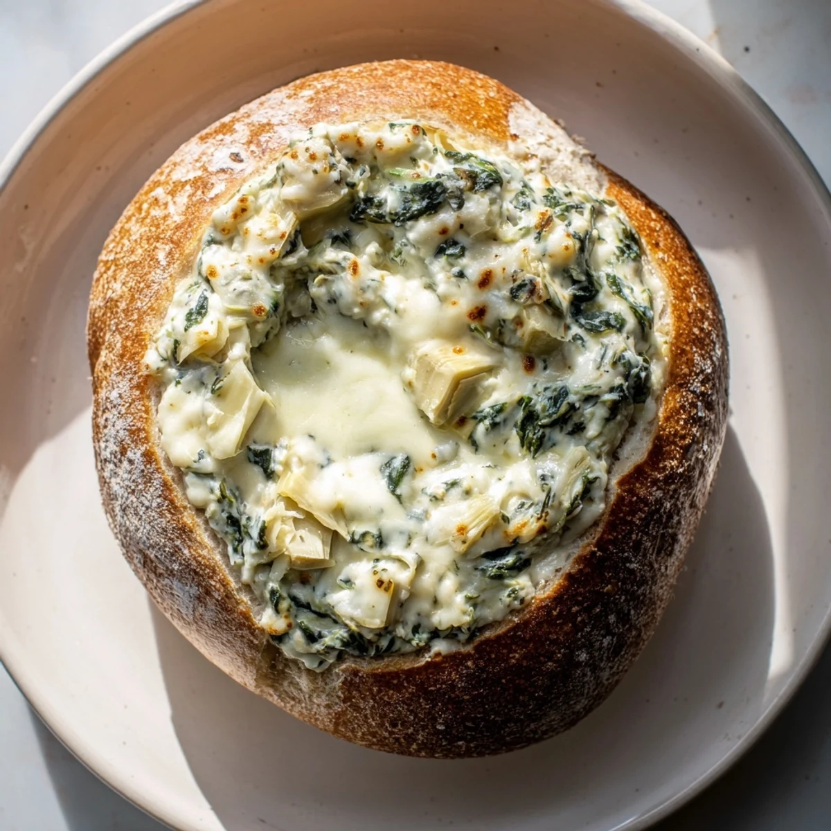 A close-up of Creamy Spinach and Artichoke Dip in a Bread Bowl, baked golden and bubbly, served hot with toasted bread chunks for dipping.