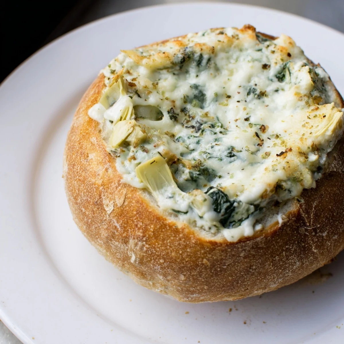 Inside a crusty sourdough bowl, the Creamy Spinach and Artichoke Dip looks rich with melted cheese, spinach, and artichoke hearts, ready for a party platter.
