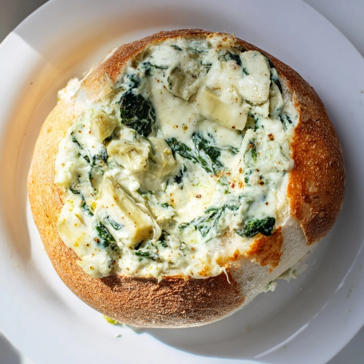 A warm Creamy Spinach and Artichoke Dip in Bread Bowl is shown on a rustic table, with steam rising and bread pieces arranged for sharing.
