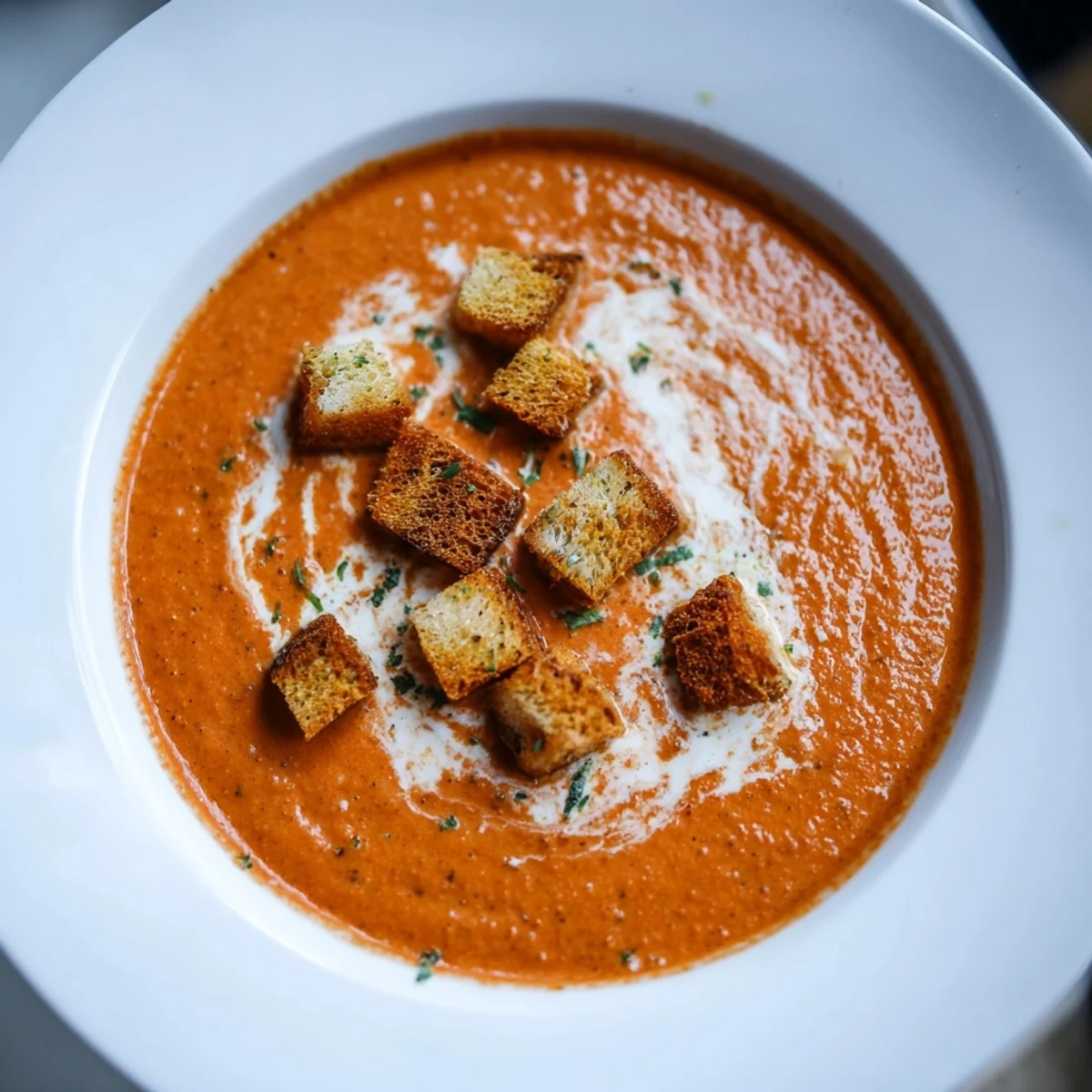 A steaming bowl of Creamy Tomato Basil Bisque topped with crunchy croutons, served alongside a golden grilled cheese sandwich.