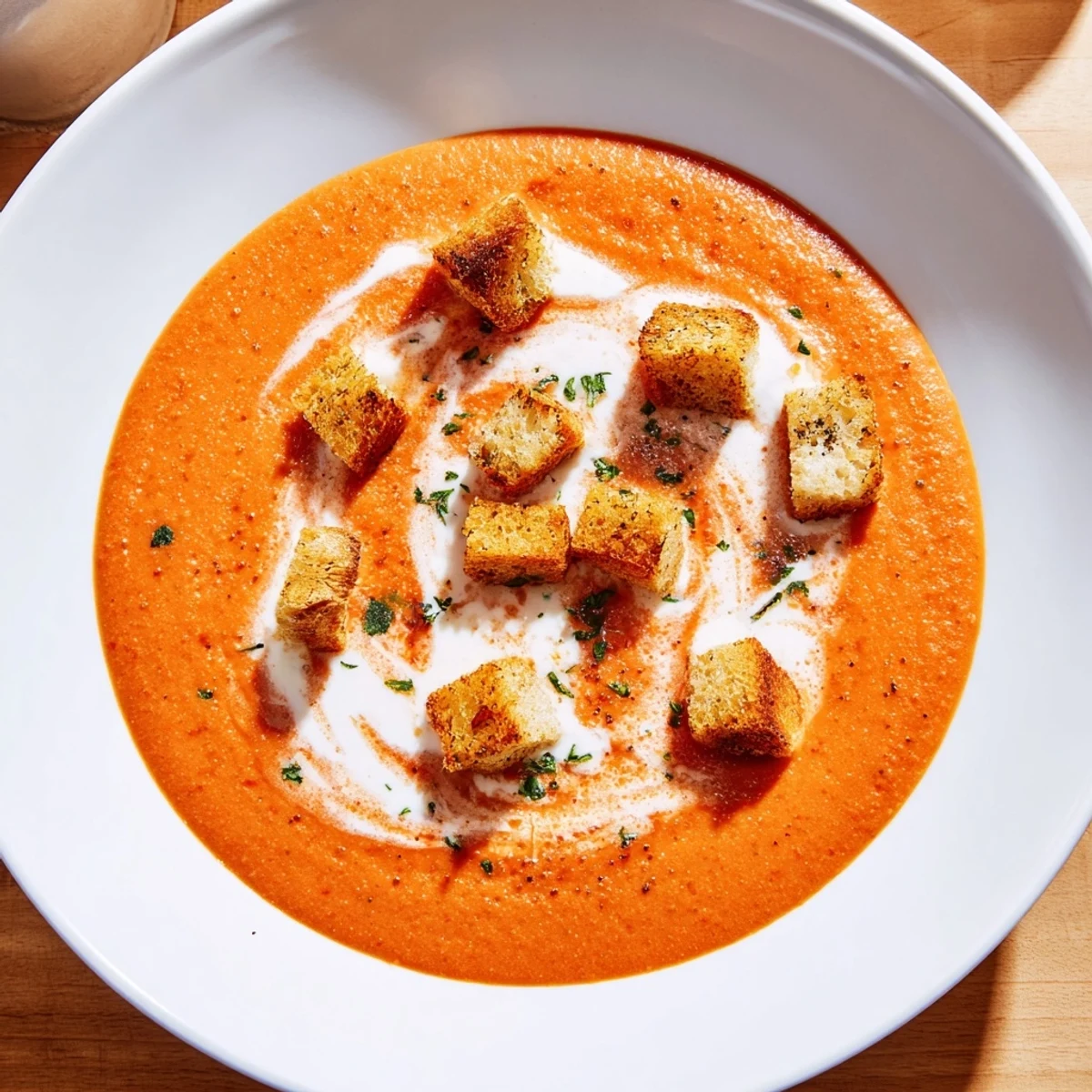 Creamy Tomato Basil Bisque in a rustic bowl garnished with fresh basil, featuring golden homemade croutons on top.