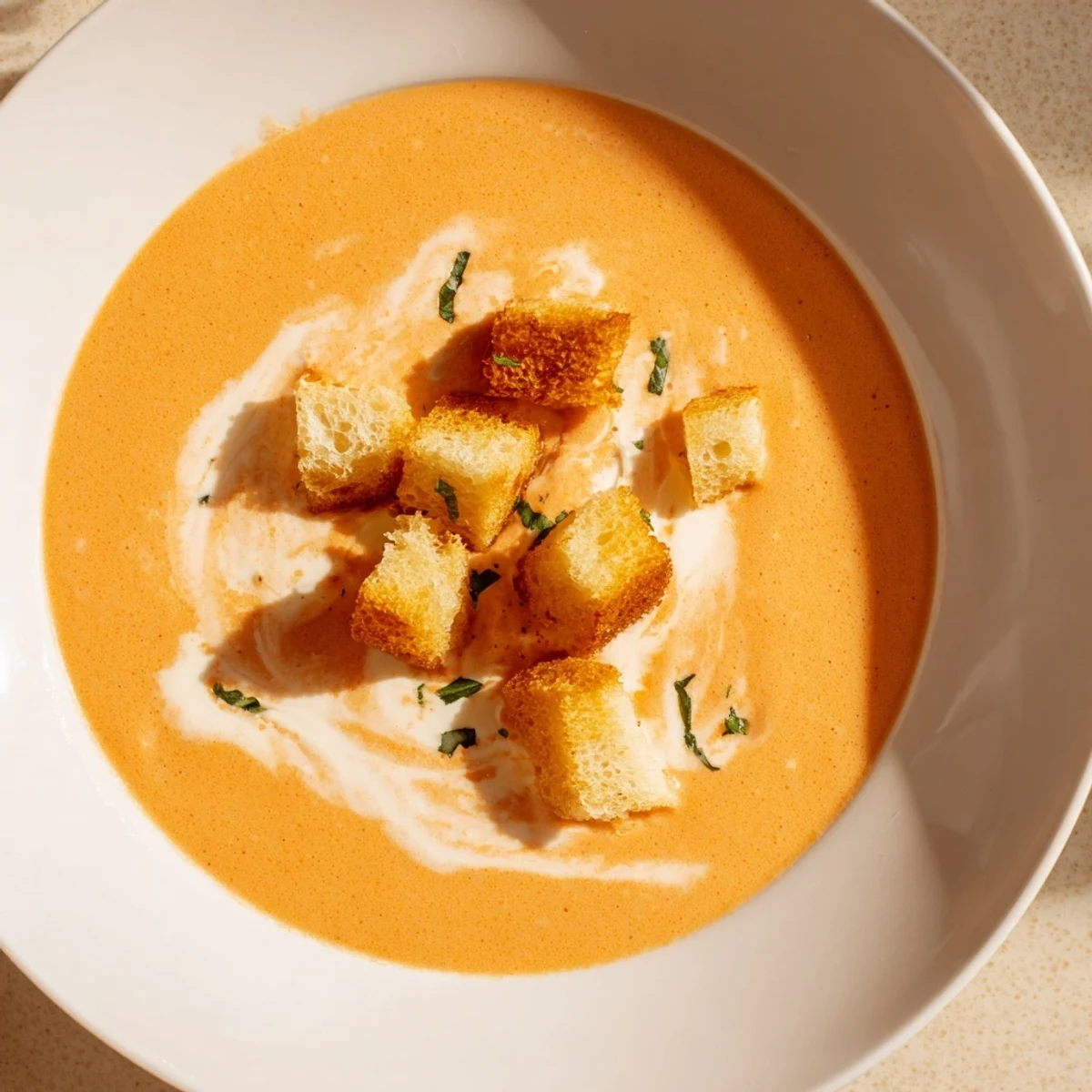 Vibrant red Creamy Tomato Basil Bisque with a swirl of cream, sprinkled with crispy croutons and fresh basil.